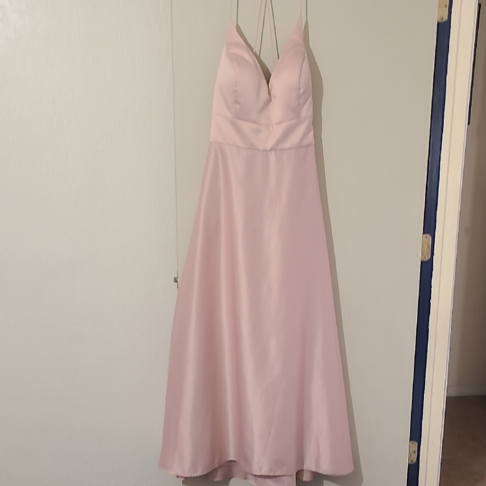 Mori Lee Pink Ruched Sundress with Plunge Neckline